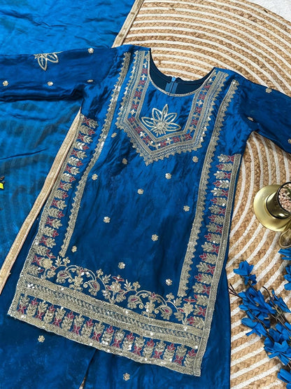Evanik Royal Blue Embroidered Kids Palazzo Suit with Plain Dupatta PartyWear Ethnic Set for Girls