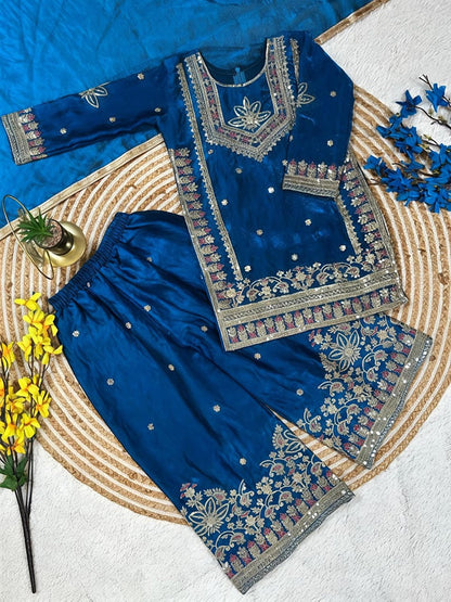 Evanik Royal Blue Embroidered Kids Palazzo Suit with Plain Dupatta PartyWear Ethnic Set for Girls