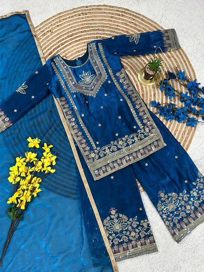 Evanik Royal Blue Embroidered Kids Palazzo Suit with Plain Dupatta PartyWear Ethnic Set for Girls