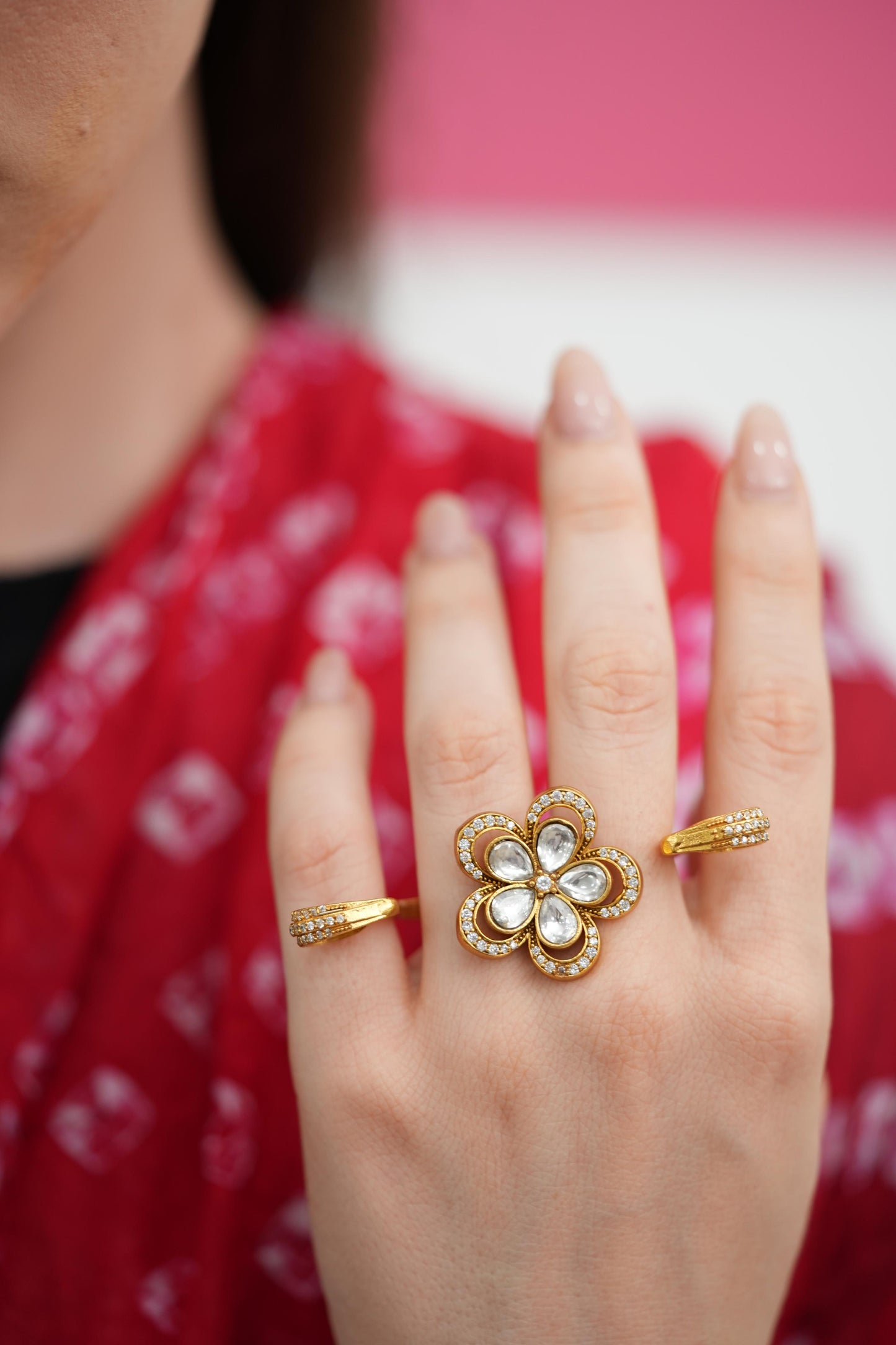 Atika Phool Dramatic 3 Finger Polki Ring