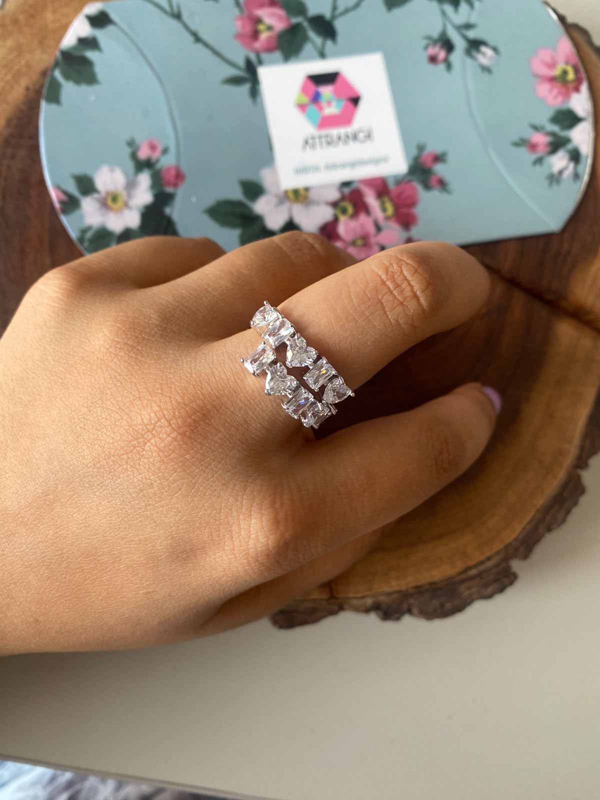 Two Band Style Wrap Ring – Heart & Emerald Cut Diamond Ring| Adjustable