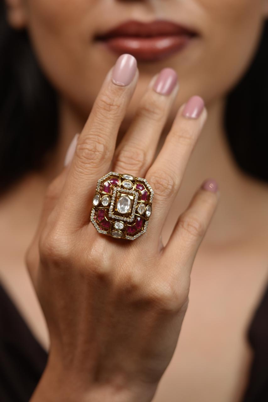 Huzoor Designer Moissanite Indian Polki Ring | Adjustable