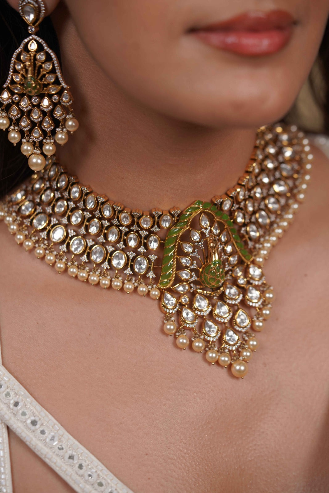 Mahal Mor Polki Moissanite Heavy Polki Choker Set | Bridal