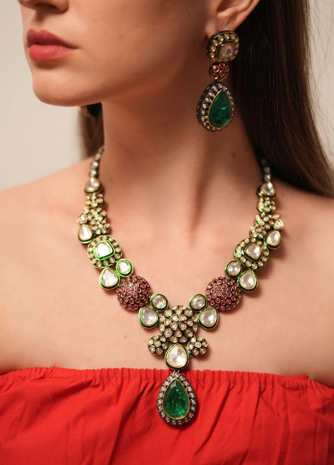 Ishara Polki Meenakari Set | Long Earrings | Maangtika