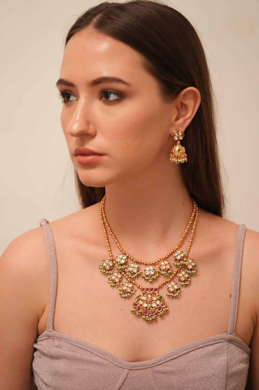 Ambika 2 Line Gold Haar with Jhumkis | Sone pe Suhaga