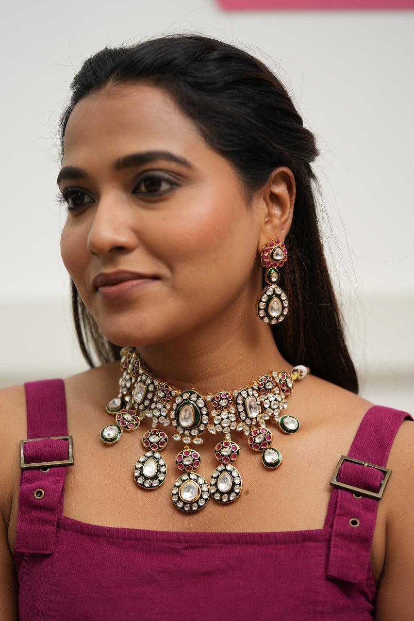 Manikarna Heavy Polki Meenakari Choker Set