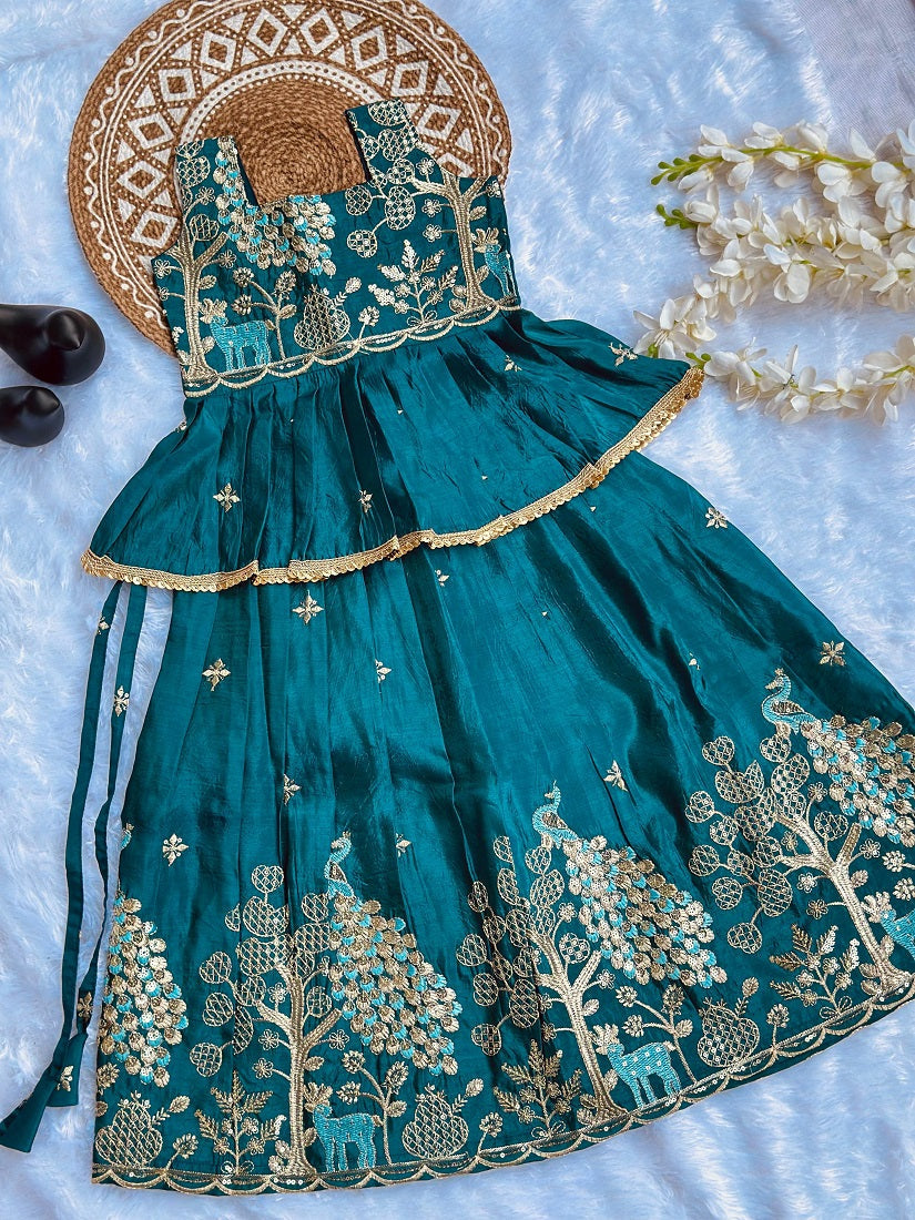 Evanik Blue Pure Gold Crush With Peacock Design Work Kids Lehenga Choli