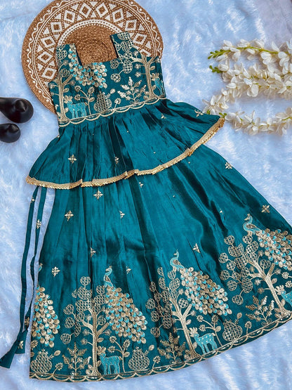 Evanik Blue Pure Gold Crush With Peacock Design Work Kids Lehenga Choli