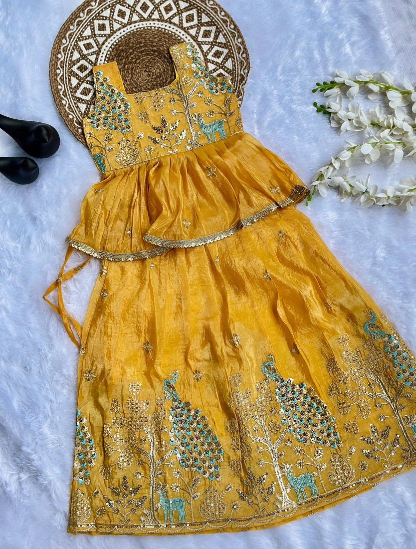 Evanik Yellow Pure Gold Crush With Peacock Design Work Kids Lehenga Choli