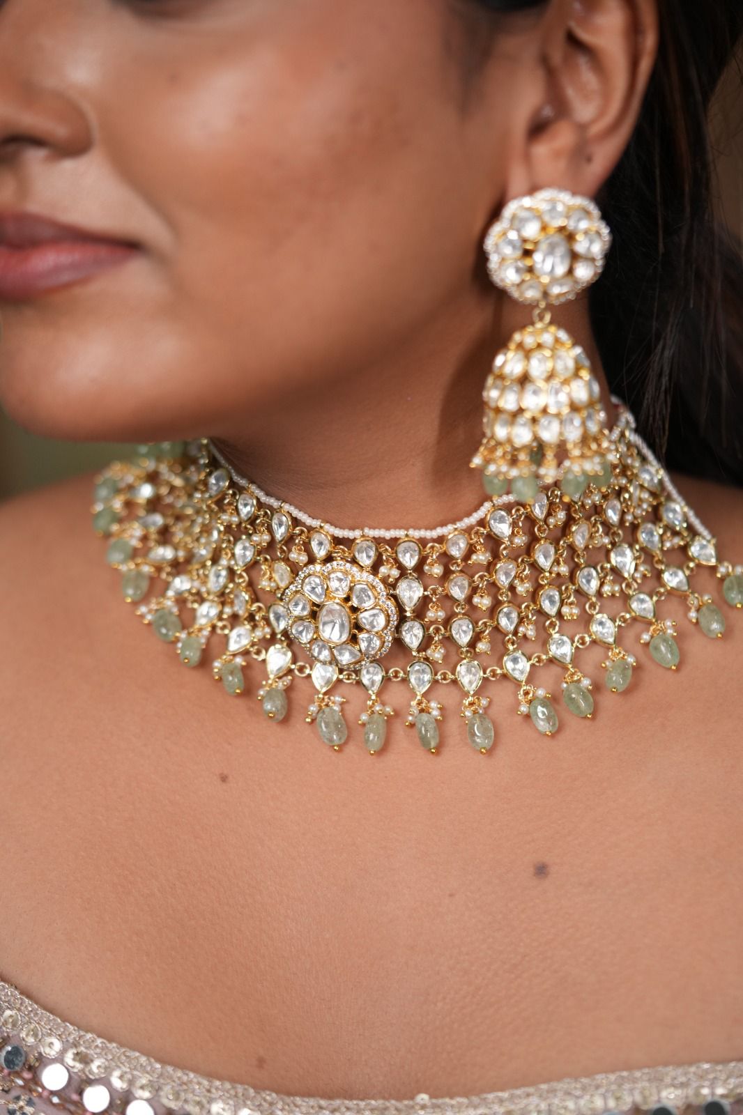 Sunita Moissanite Heavy Uncut Diamond Choker Set With Tika