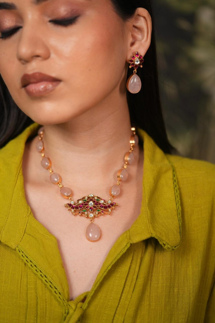 Niharika Rose Quartz Indian Necklace Set