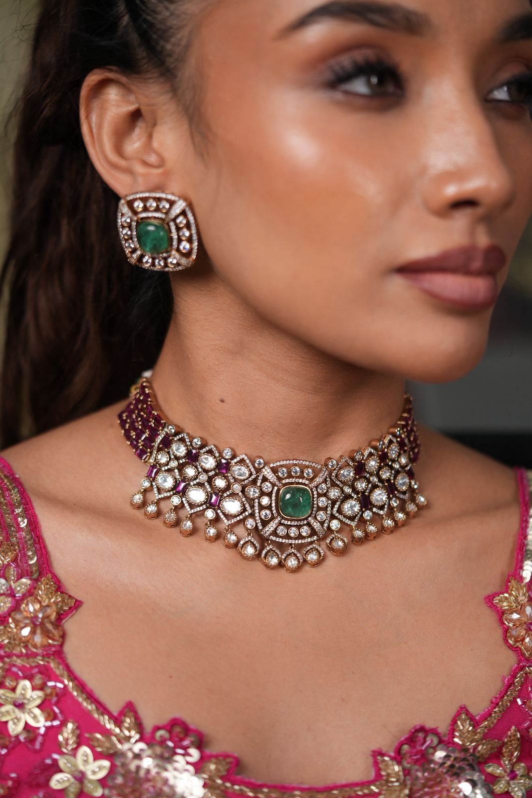 Shivani Polki Fluorite Ruby Indian Choker Set
