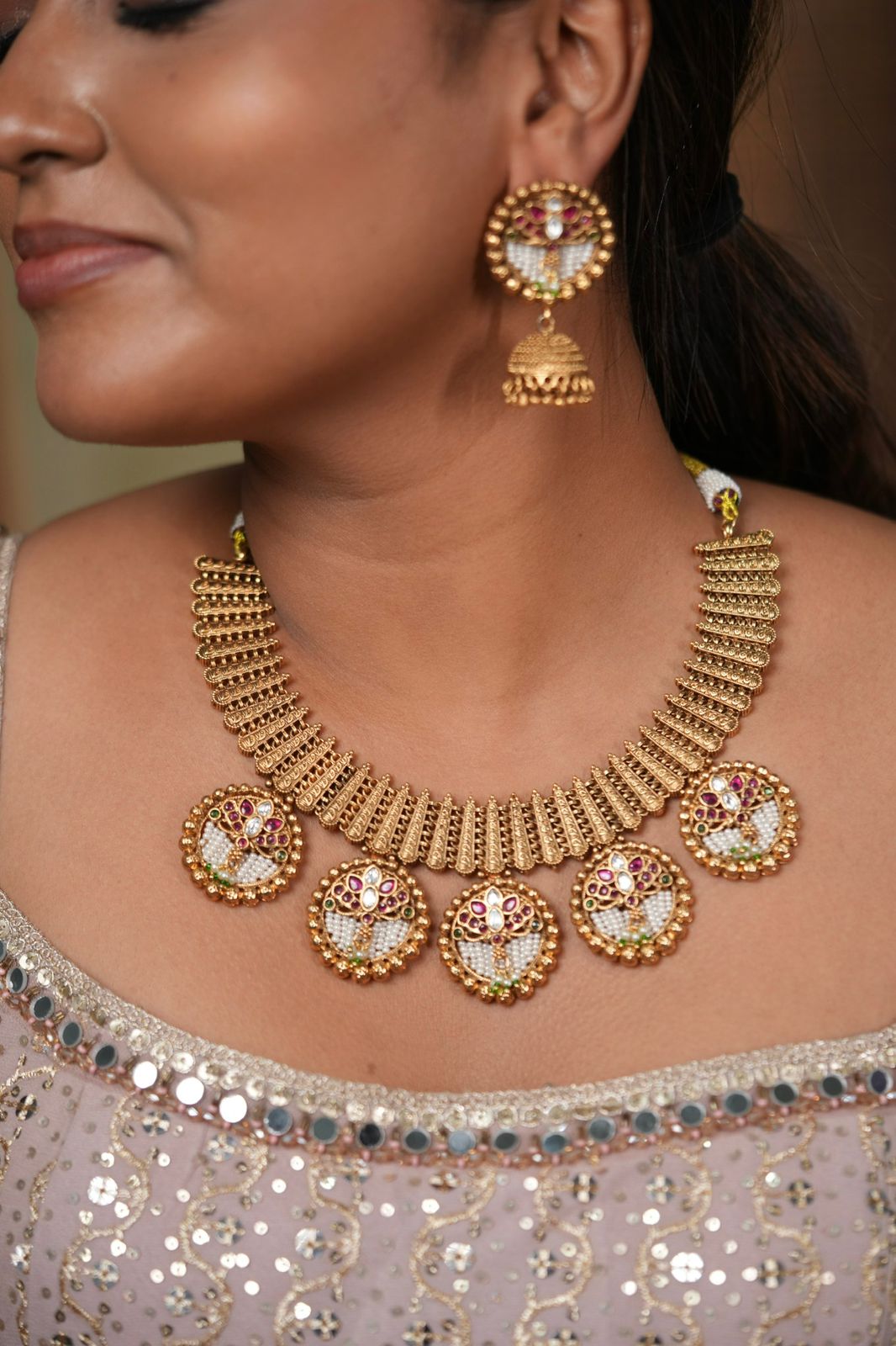Devika Indian Necklace Set with Gold Jhumkas | Sone Pe Suhaga Collection