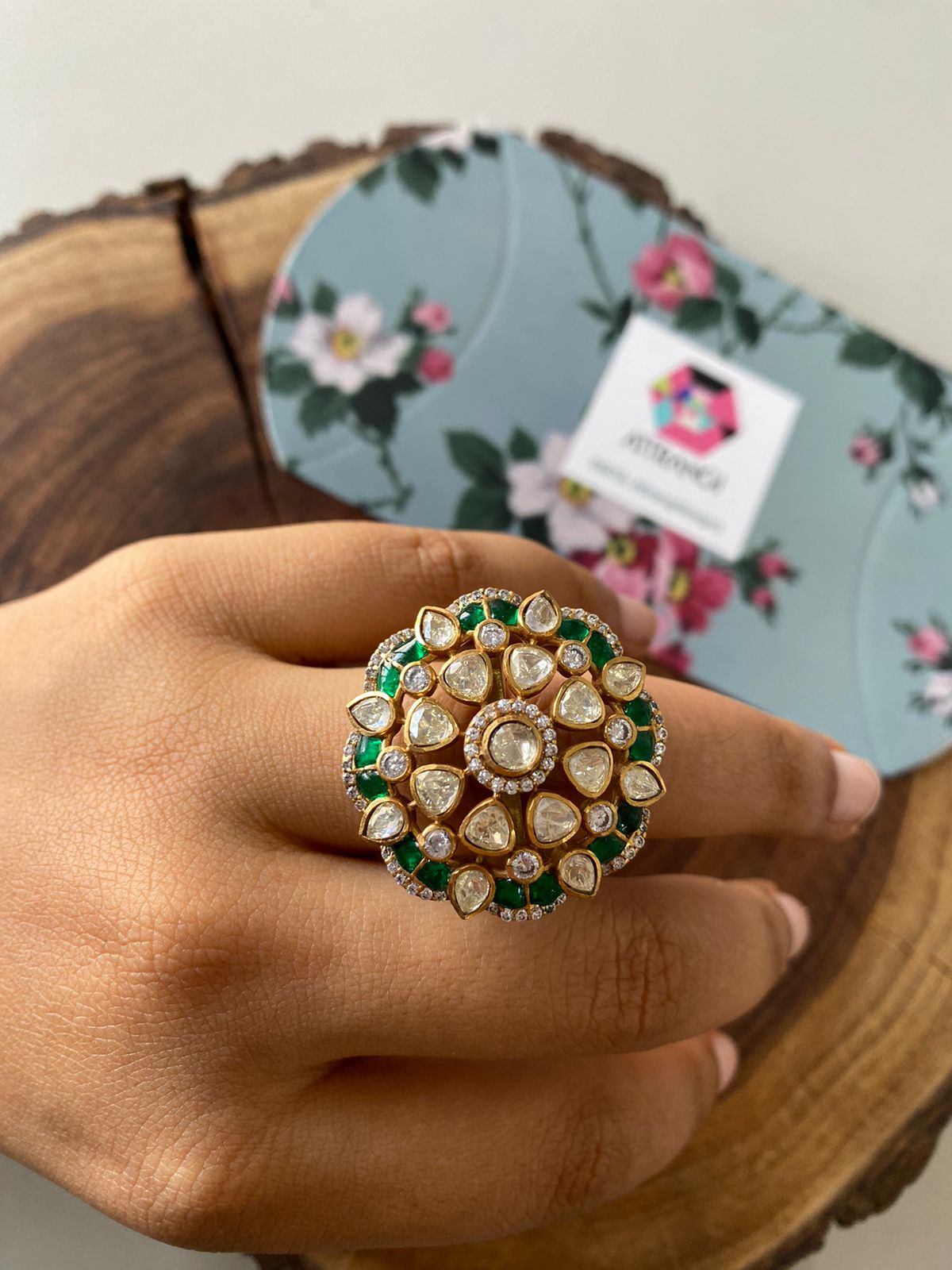 Mira Polki Moissanite Floral Uncut Diamond Ring | Adjustable