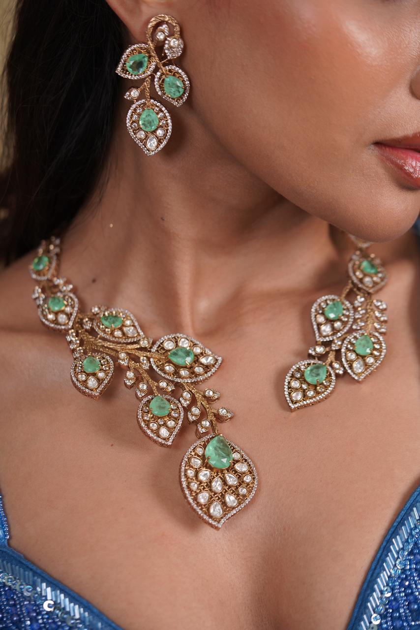 Mint Tree Russian Emerald Polki Moissanite Designer Hasli Set
