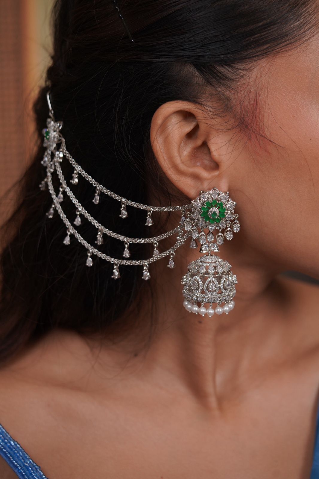 Iconic Diamond Big Jhumka with Hairchain