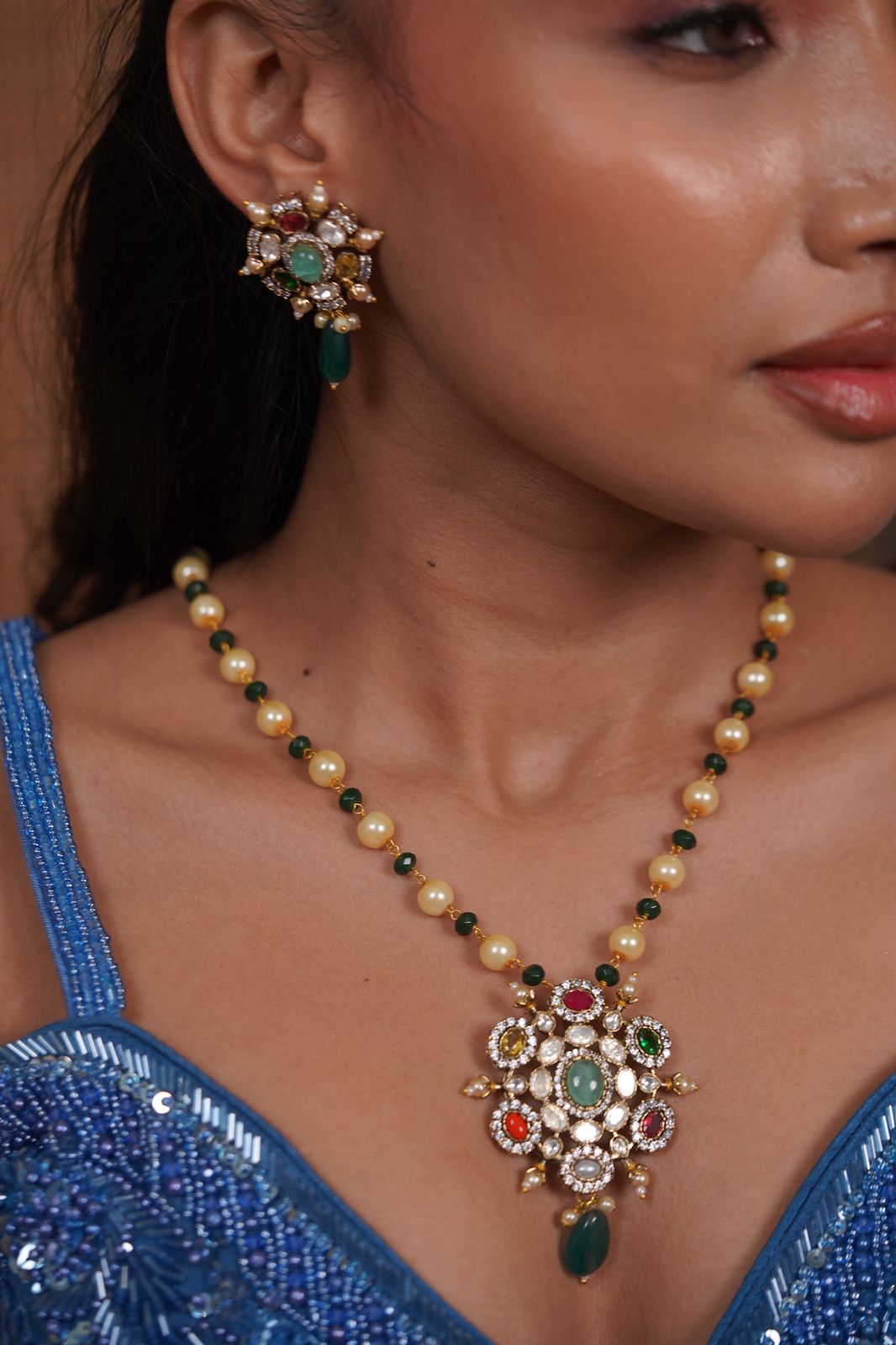 Navratna Rich Pendant Set | Beaded Mala & Earrings