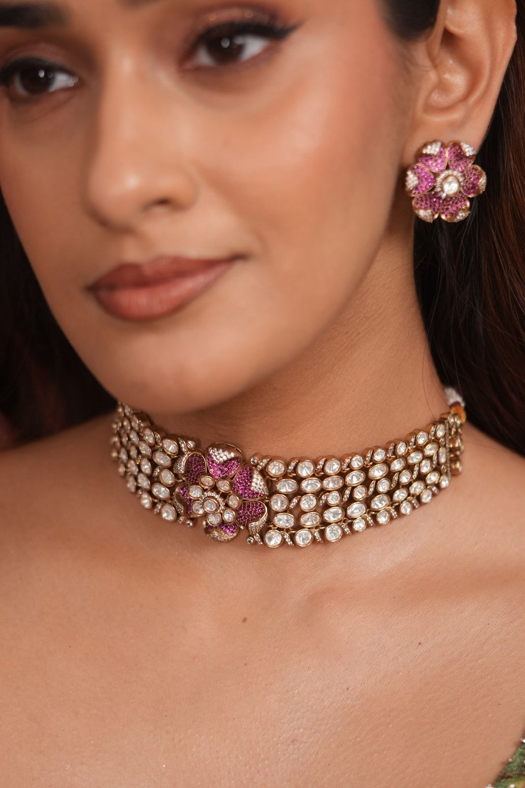 Phool Khile Moissanite Polki Choker Set with Studs