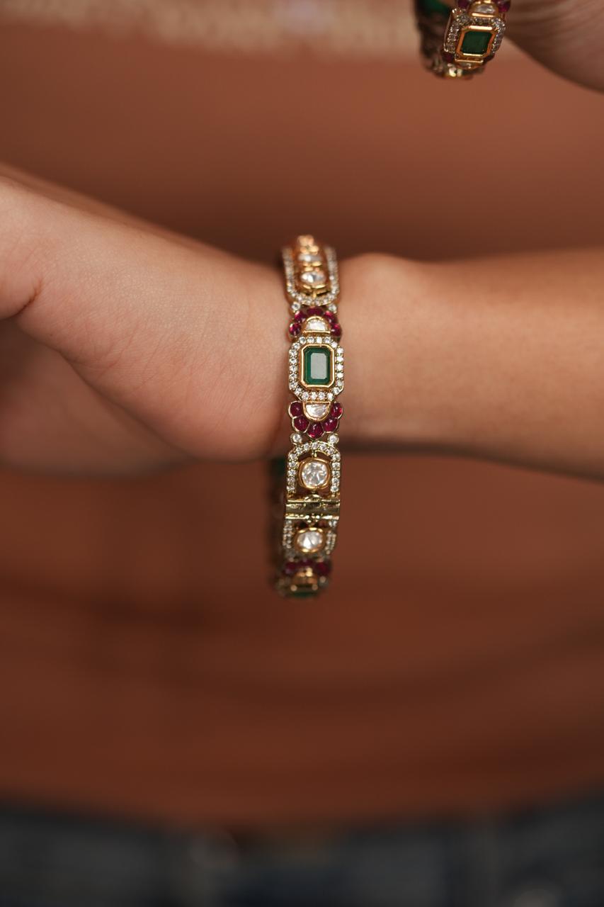 Samohar Polki Uncut Diamond Moissanite Ruby Green Bangle | Openable