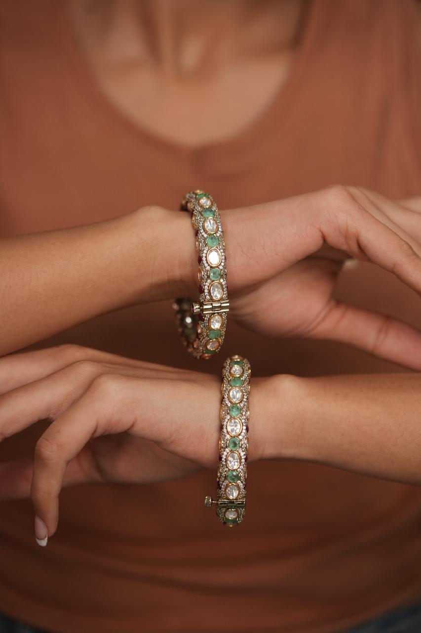 Abhilasha Uncut Diamond Ruby Mint Polki Moissanite Bangle Set| Openable