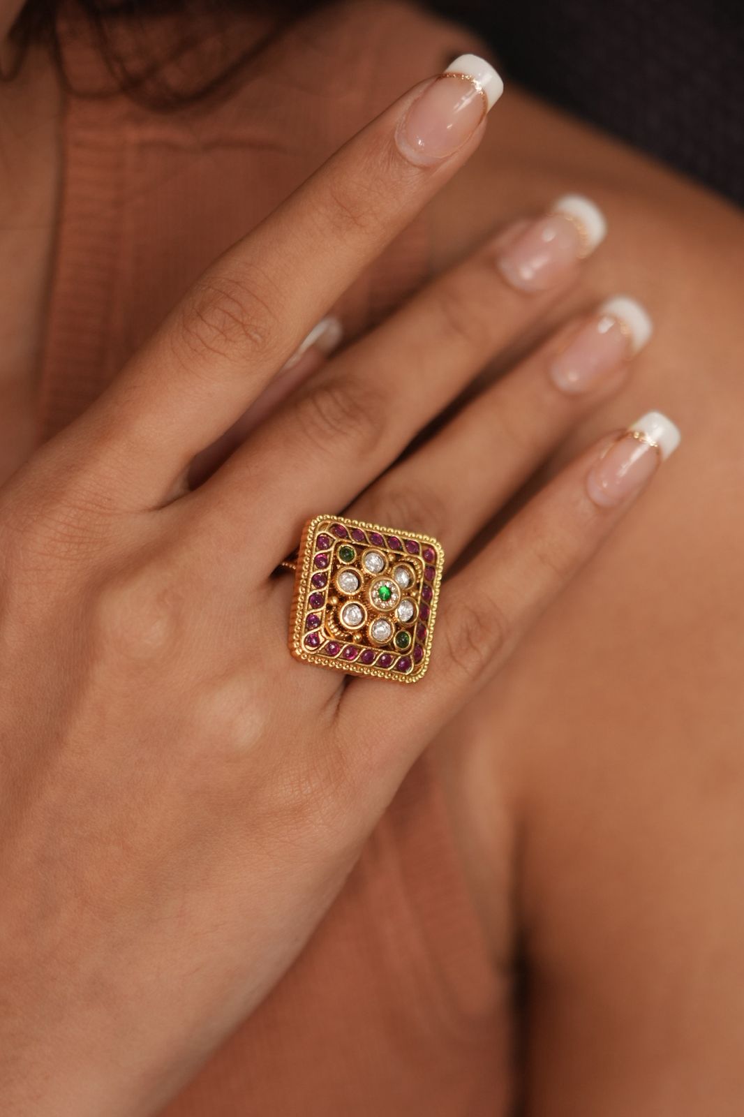 Niharika Polki Ruby Emerald Ring | Adjustable | Sone Pe Suhaga
