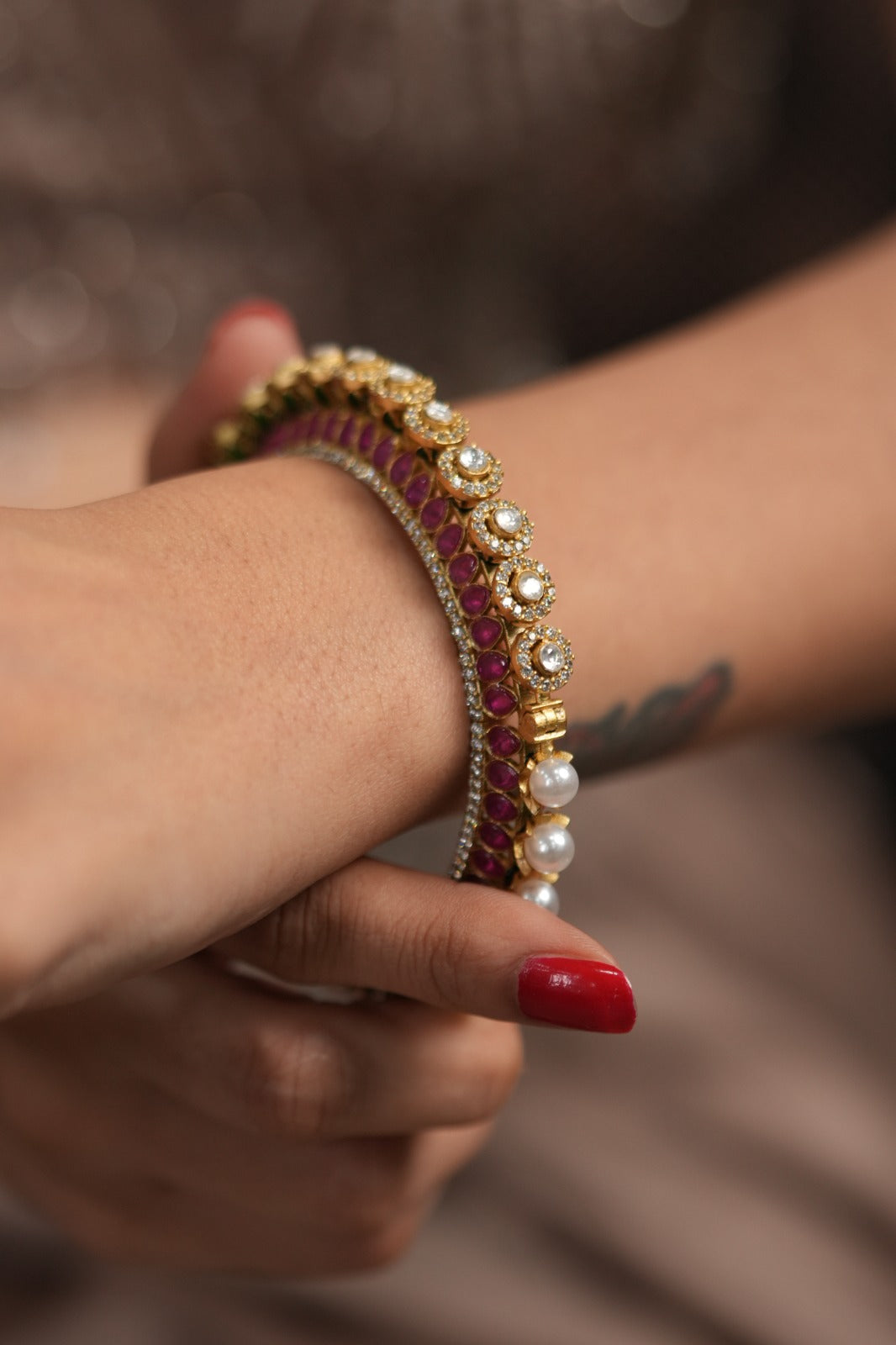 Manju Half Polki Half Pearl 2 in 1 Meenakari Indian Kada