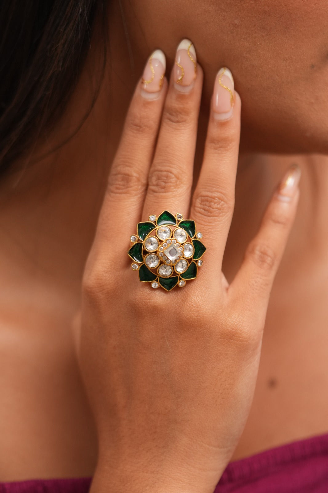 Sai Polki Floral Emerald Meena Cocktail Polki Ring | Adjustable