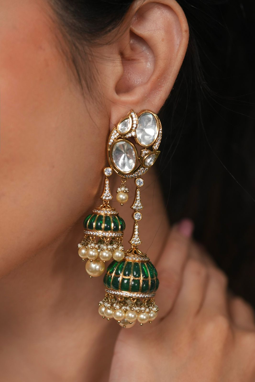 Aarti 2 Drop Moissanite Polki Meenakari Jhumka