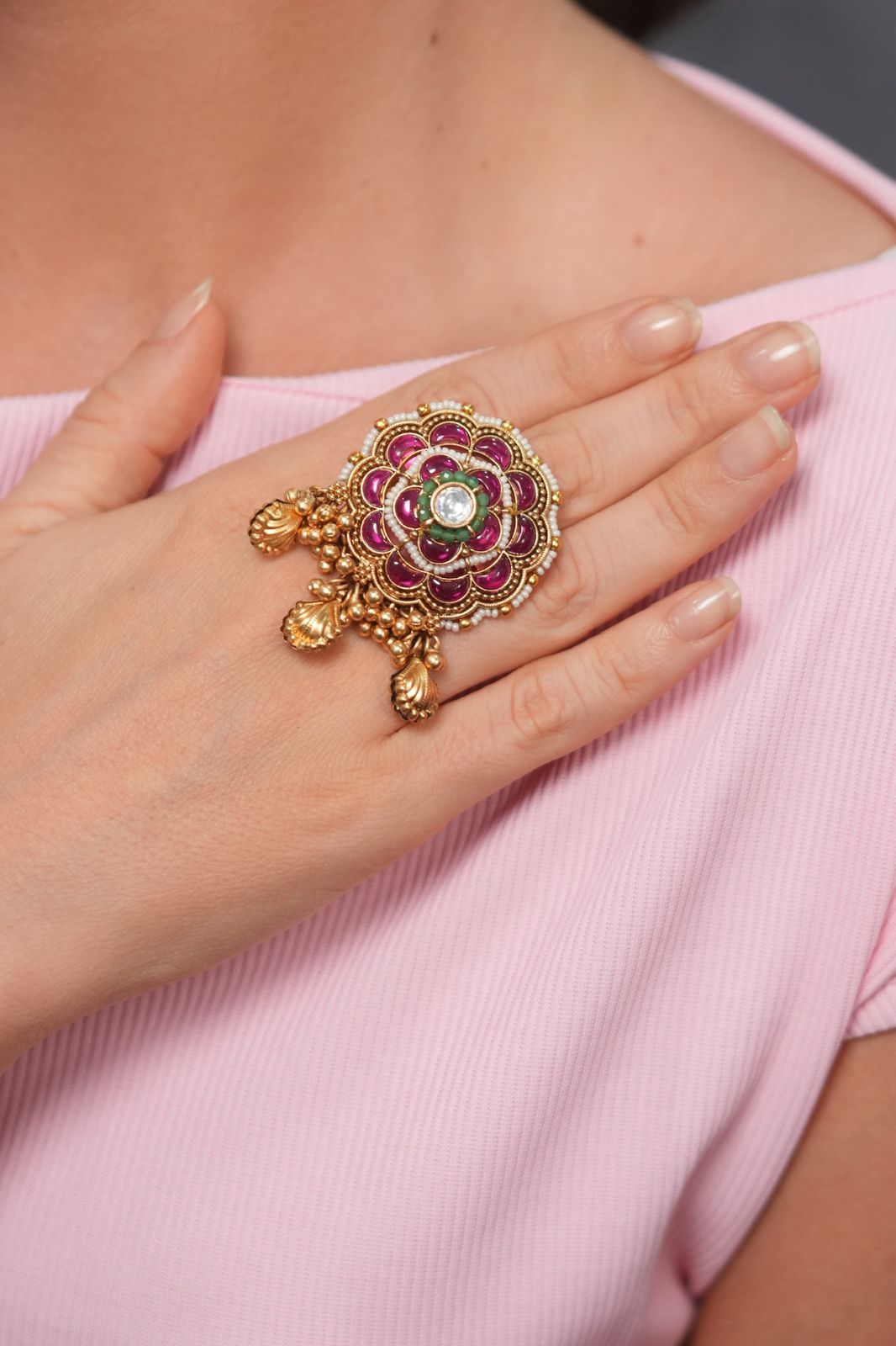 Godavari Pink Mint Gold Statement Ring | Sone Pe Suhaga