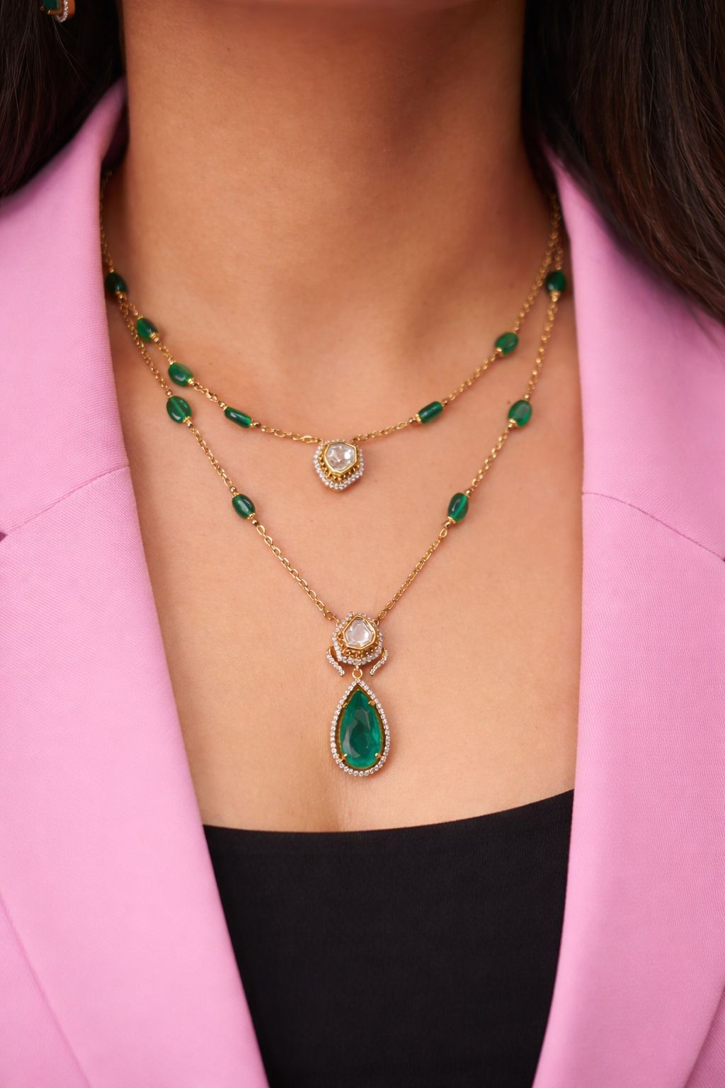 Kia 2 Line Moissanite Indo Western Polki Pendant Set