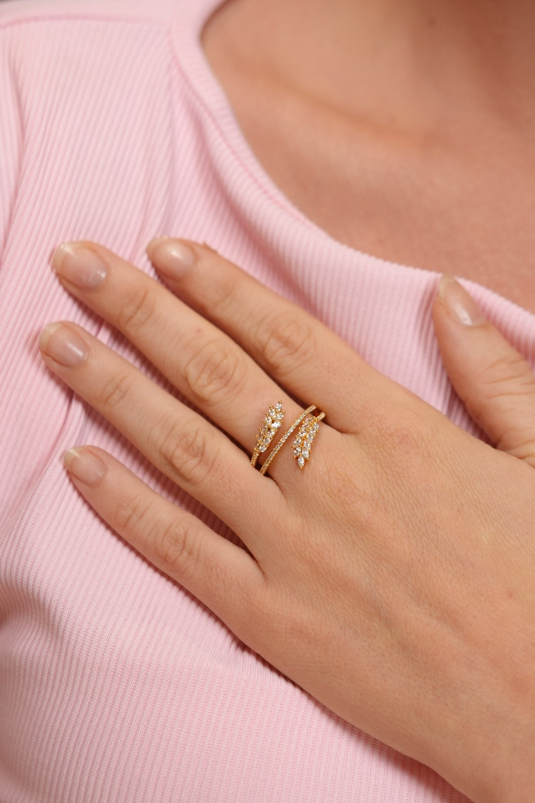 Branch 3 Line Leaf Wrap Diamond Delicate Ring (GOLD)