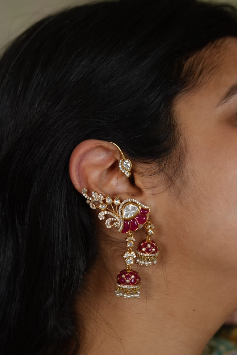 Radha 2 Jhumka Drop Polki Uncut Diamond Moissanite Earcuff