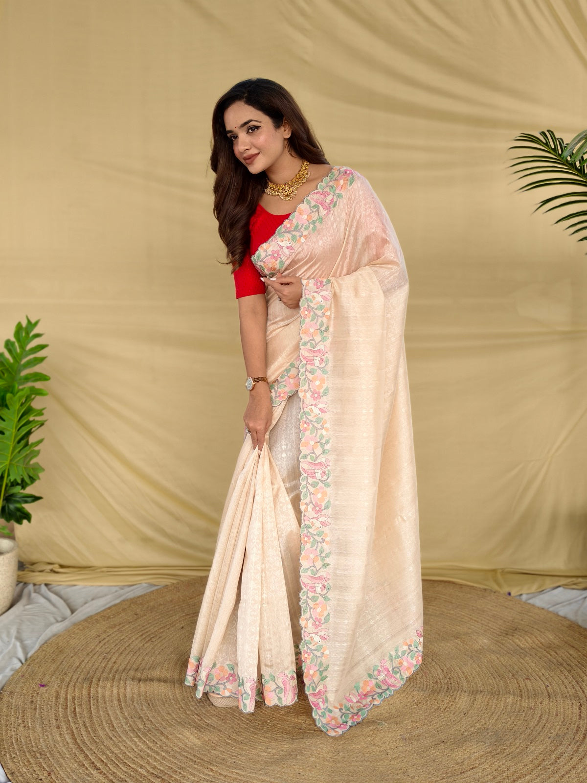 Mameraa Sarees Cream Tussar Saree With Contrast Embroidery With Running Blouse-Cream