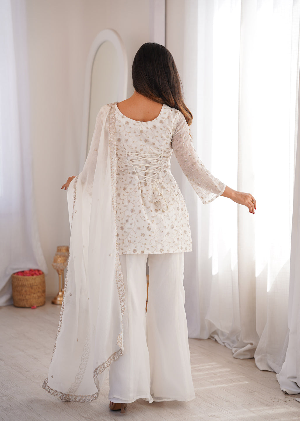 Evanik Off White Crunchy Silk Embroidery Sequins And Zari Work Kurta Pants With Dupatta