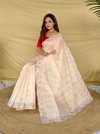 Mameraa Sarees Cream Tussar Saree With Contrast Embroidery With Running Blouse-Cream