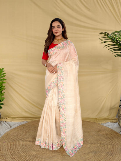 Mameraa Sarees Cream Tussar Saree With Contrast Embroidery With Running Blouse-Cream