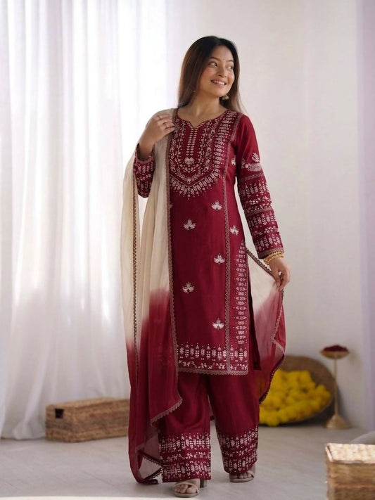 Teeya Creation Womens Trendy Stylish Embroidery Thread Work Maroon Kurta Set
