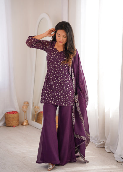 Evanik Wine Crunchy Silk Embroidery Sequins And Zari Work Kurta Pants With Dupatta