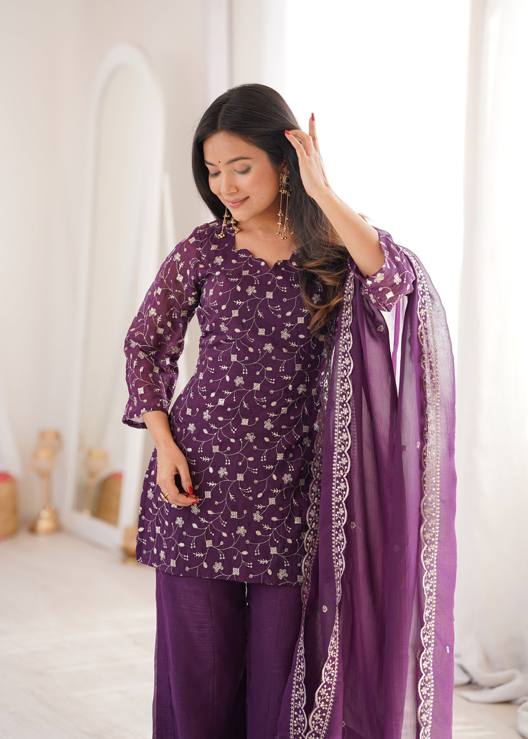Evanik Wine Crunchy Silk Embroidery Sequins And Zari Work Kurta Pants With Dupatta