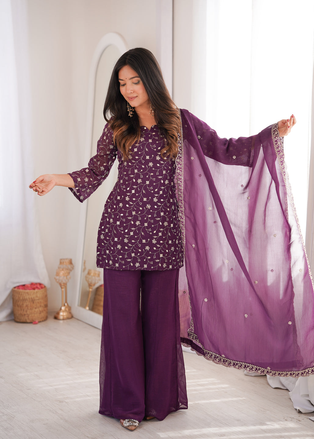 Evanik Wine Crunchy Silk Embroidery Sequins And Zari Work Kurta Pants With Dupatta