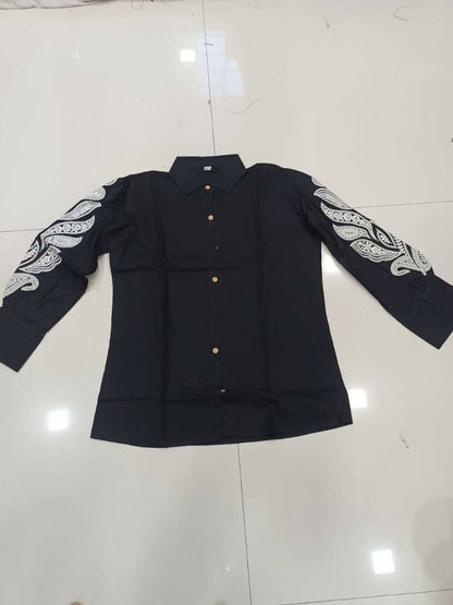 Teeya Creation Women Trendy Black Cotton Button-Down Top with White Contrast Embroidered Sleeves