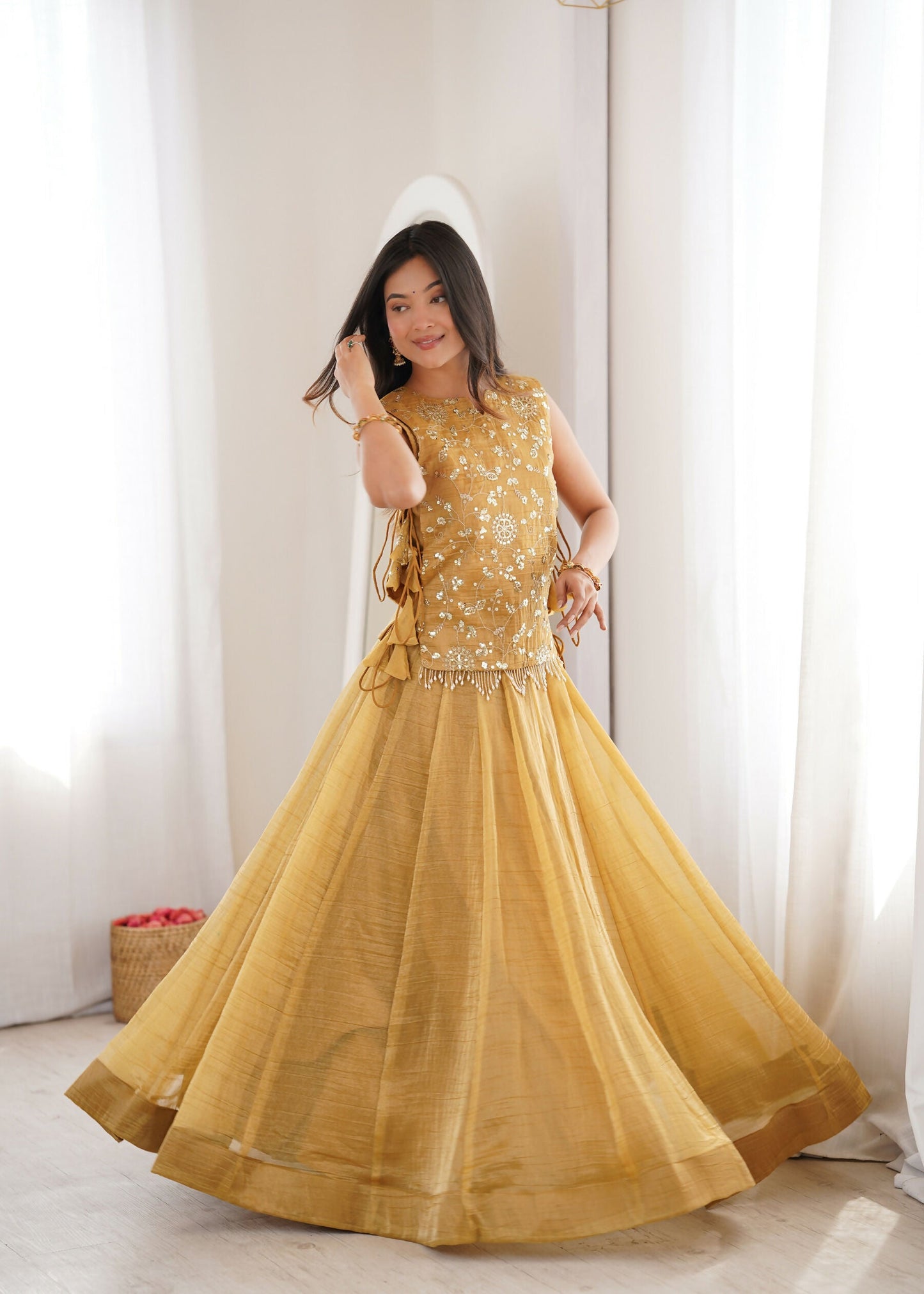 Lorenvalley Fashion Yellow Salsa Crush Plain Lehenga Choli with Koti
