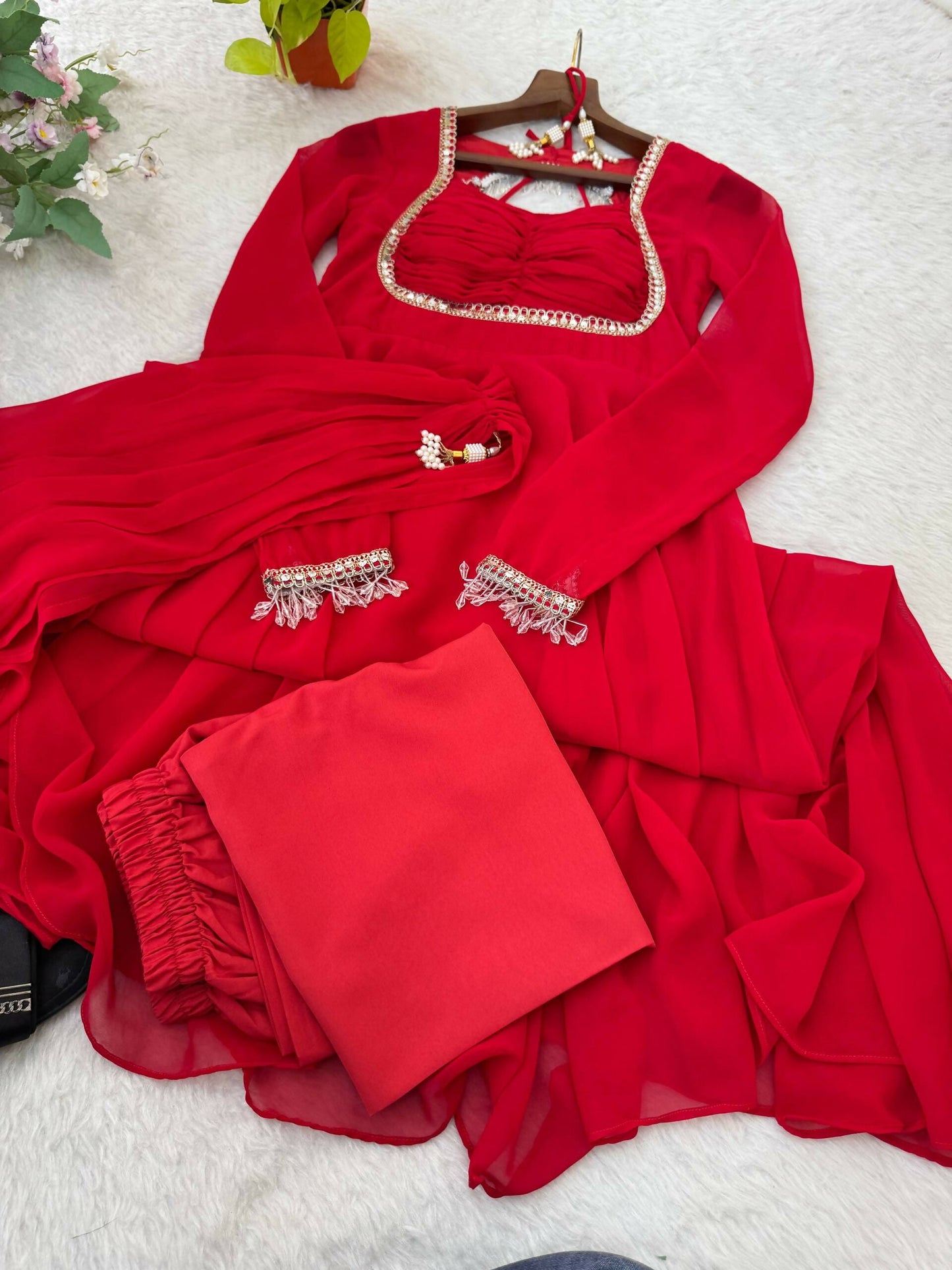 Teeya Creation Womens New Fancy Fox Georgette Heavy Quality Fabric With Handwork Red Gown Set