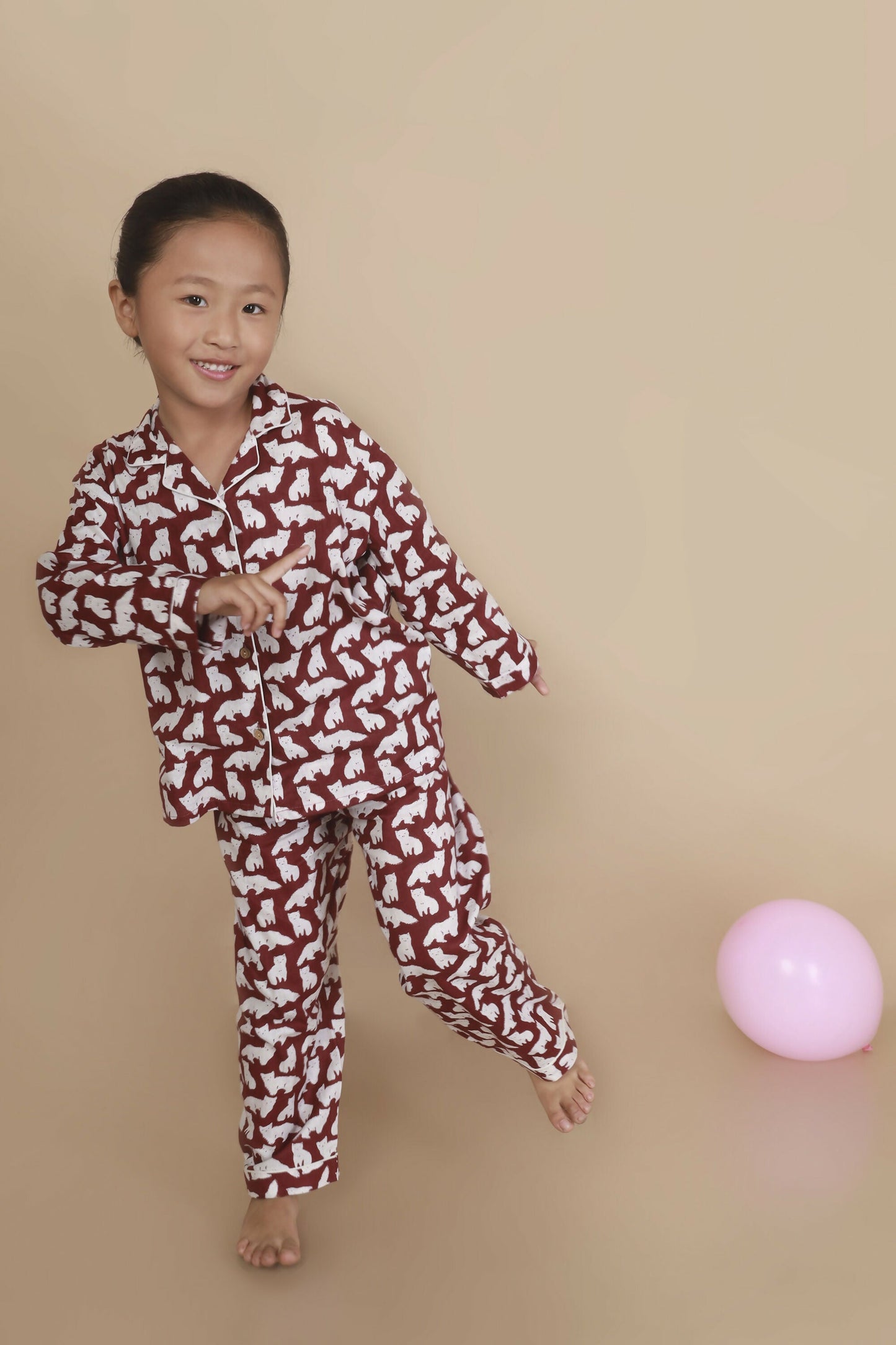 Breathables Kids Cotton Night Suit  Maroon Cat Print Shirt & Pyjama Co-Ord Set For Boys & Girls