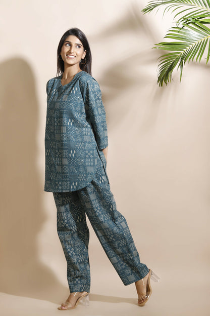 Breathables Abstract Green Cotton Kurta & Pant Co-Ord Set