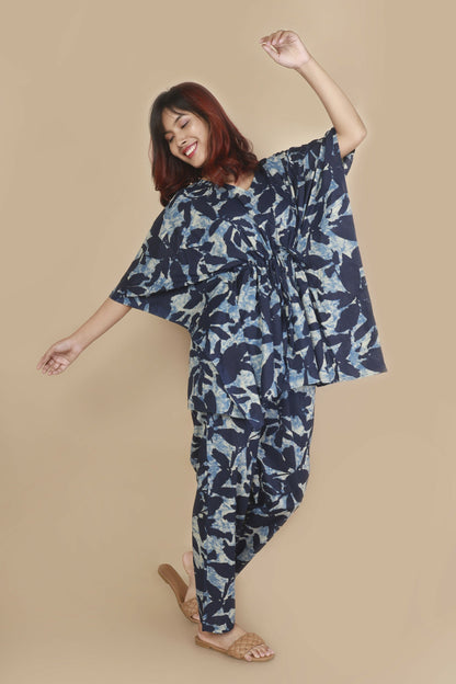 Breathables WomenS Loungewear Kaftan Cotton Blue Floral Print Co-Ord Set