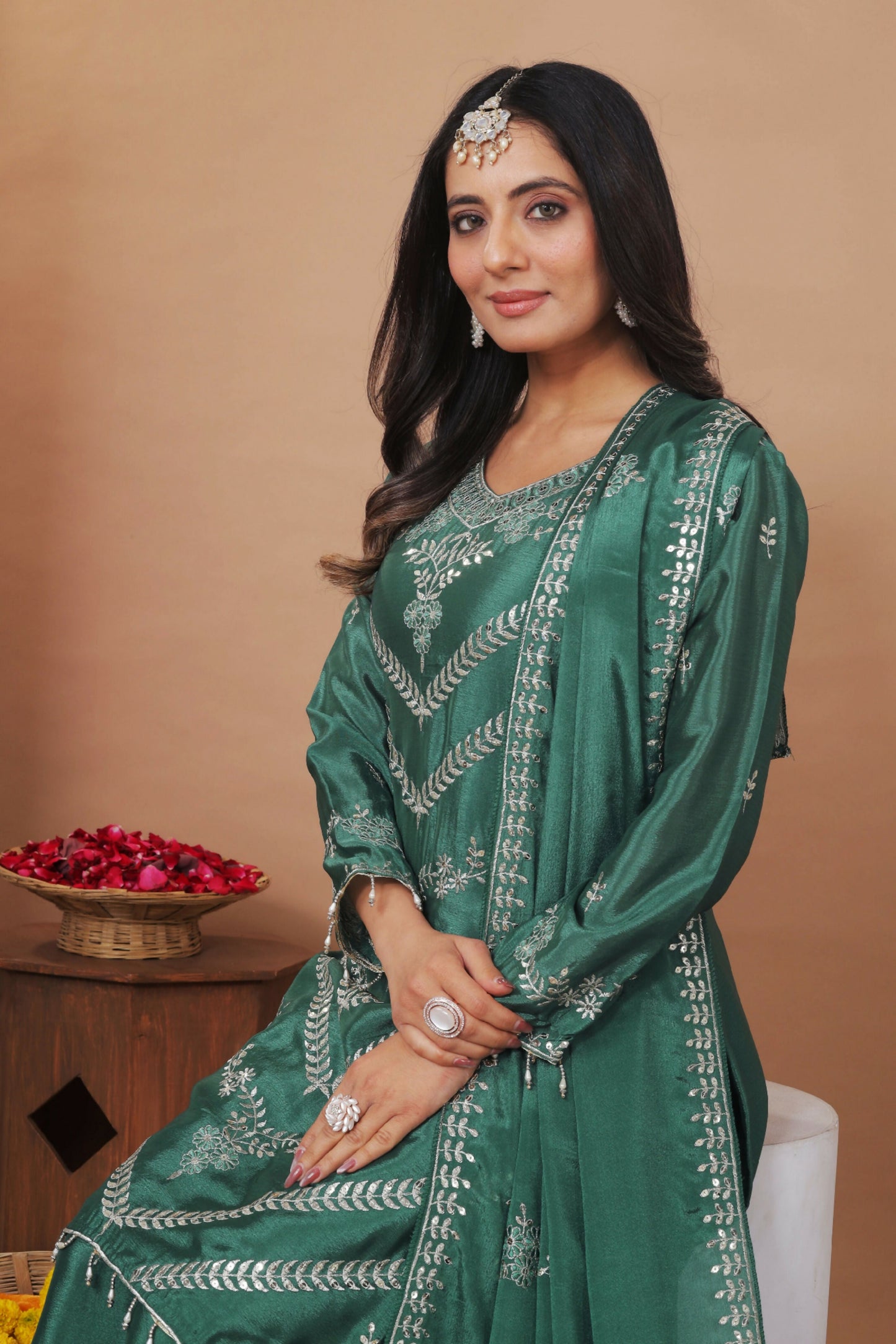 The52 Women's Gorgeous Embroidery Work Chinon Fabric Straight Kurta Sharara and Dupatta Set