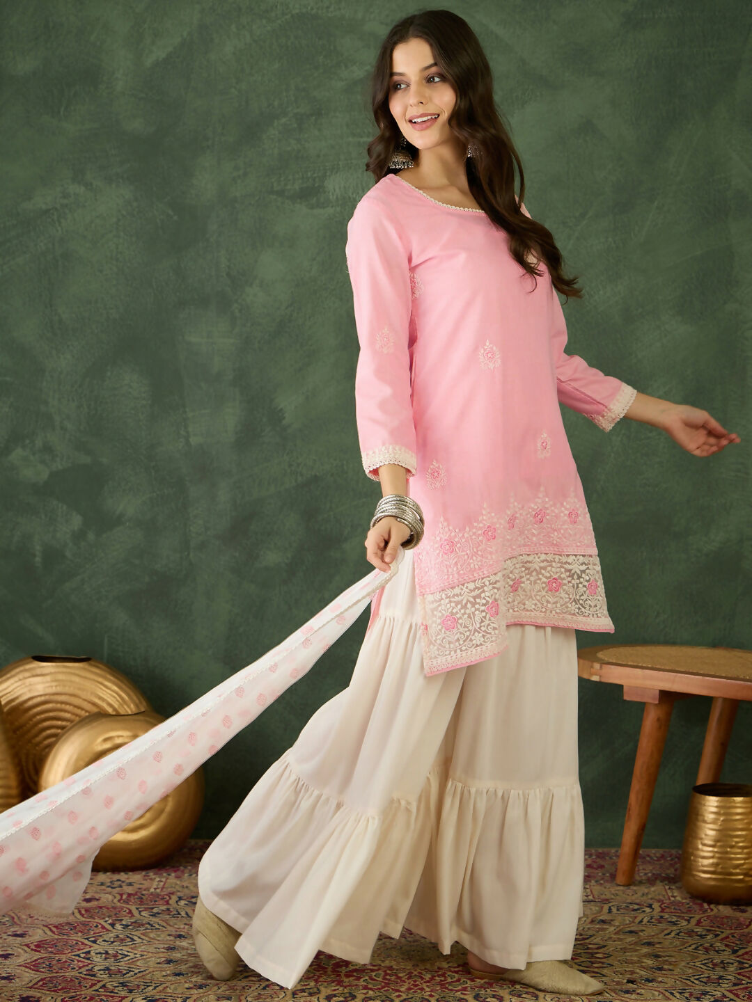 The52 Women's Gorgeous Embroidery Work Cotton Satin Fabric Straight Kurta Sharara and Dupatta Set-Peach