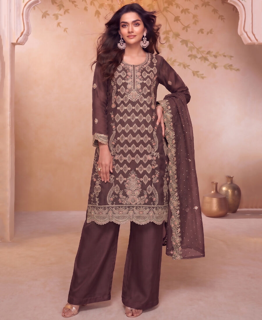 KC Heavy Embroidery Worked Two Ton Moss Silk Purple Suit For Women