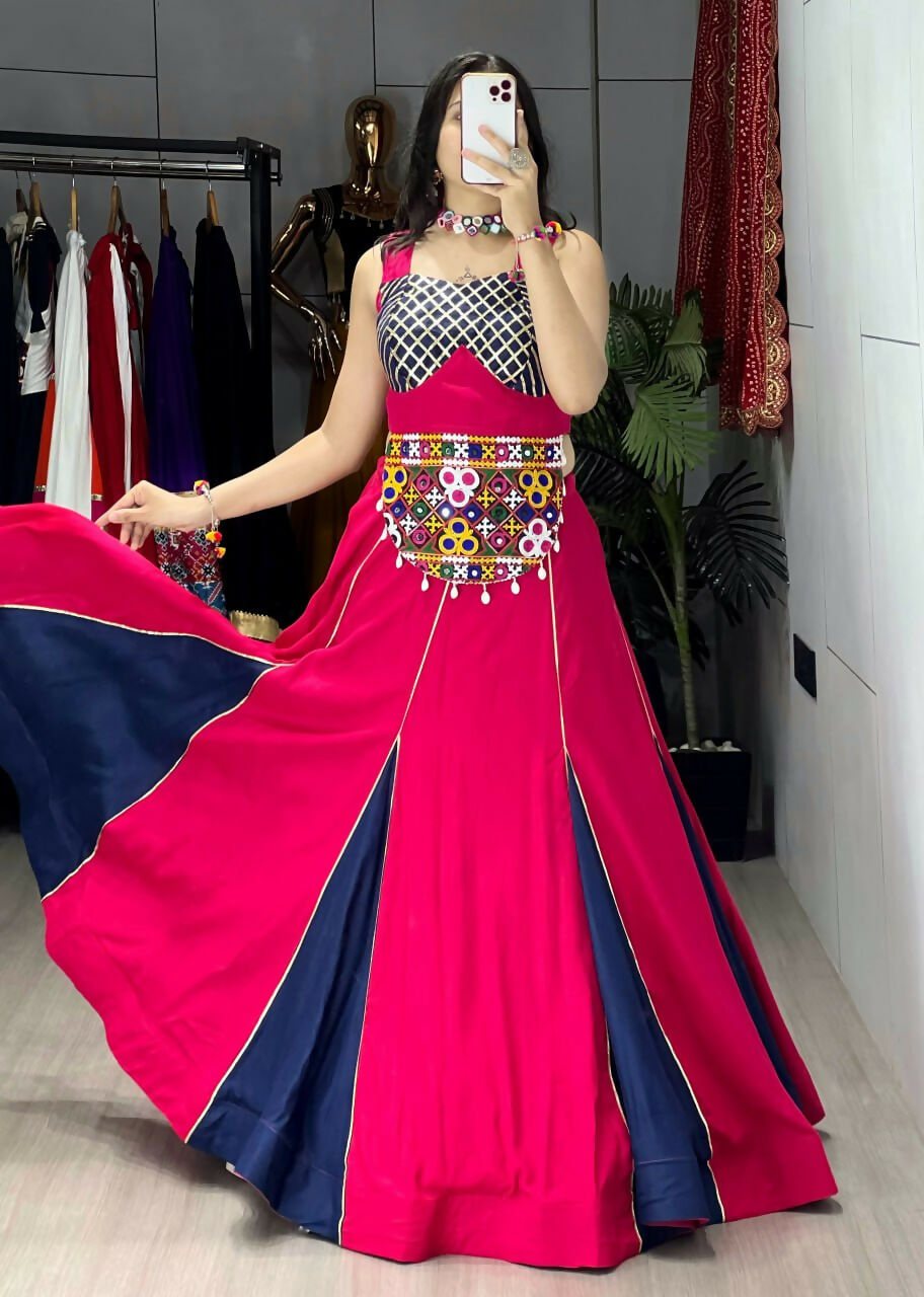 Yash Enterprise Gajari Navy Blue Rayon Cotton Embroidery Semi Stitched Navratri Top Chaniya Choli